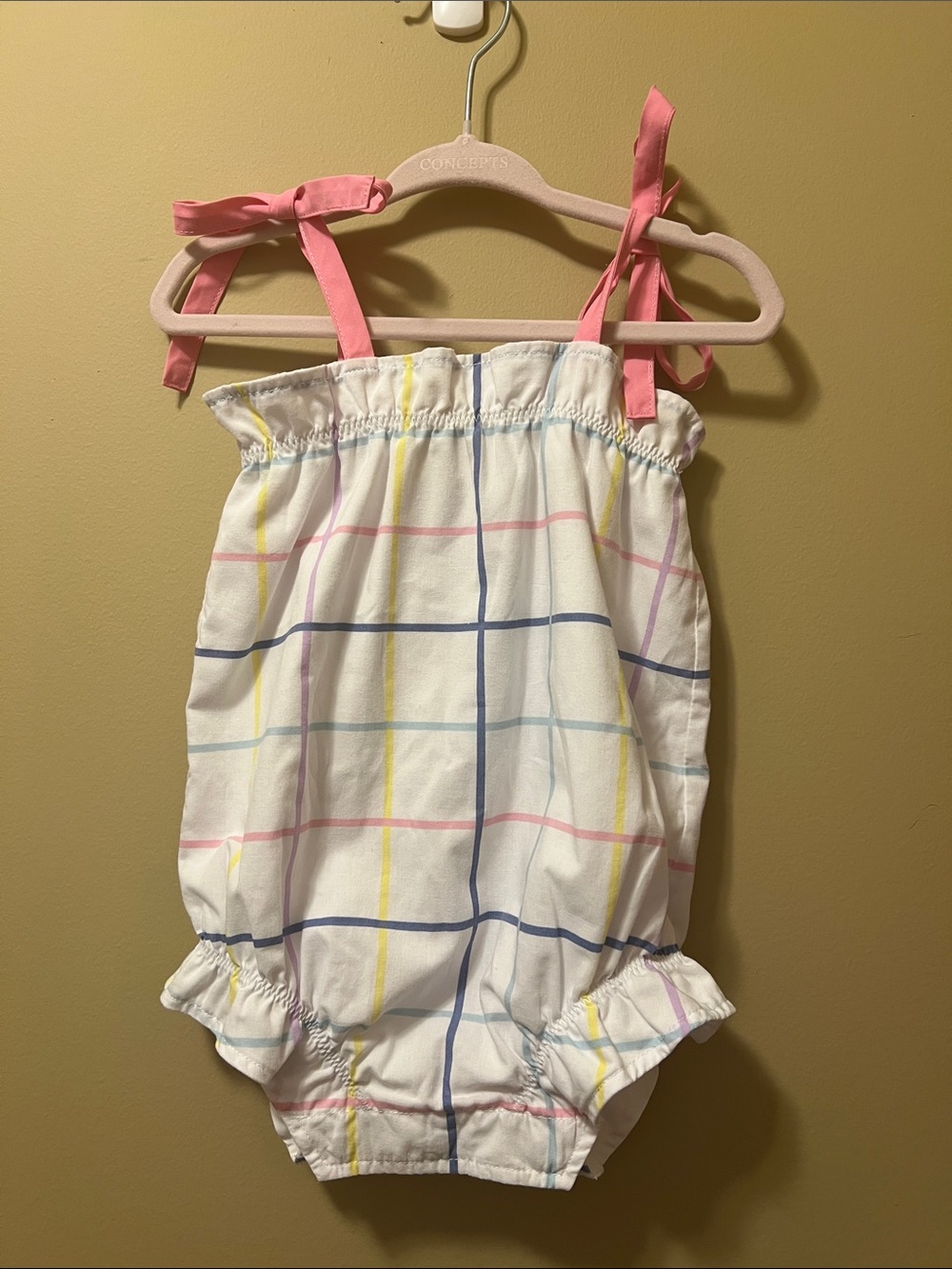 The Beaufort Bonnet Company White Plaid Pink Strap Girls Romper